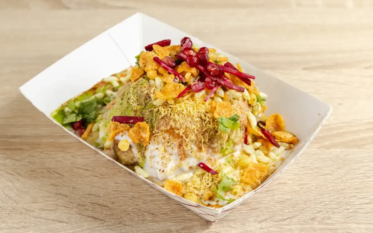 Fresh dhania coriander on Indian rajkachori chaat in Brampton